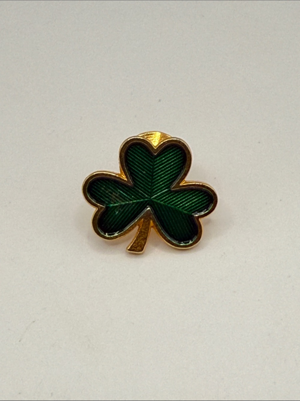 Vintage Hallmark Gold Tone Green Clover Shamrock Tie Tack Lapel Pin Brooch